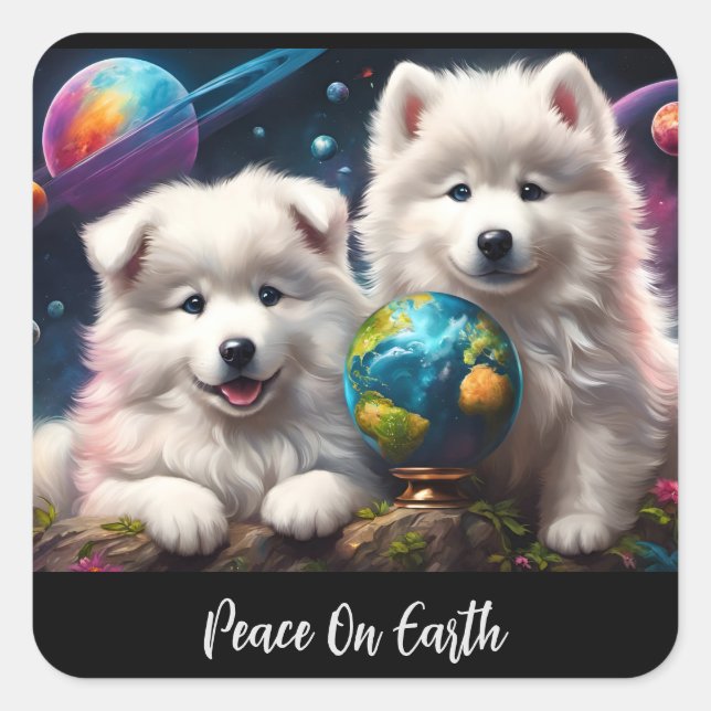 Adorable Fluffy Samoyed Welpen, Weltfrieden Quadratischer Aufkleber (Vorderseite)