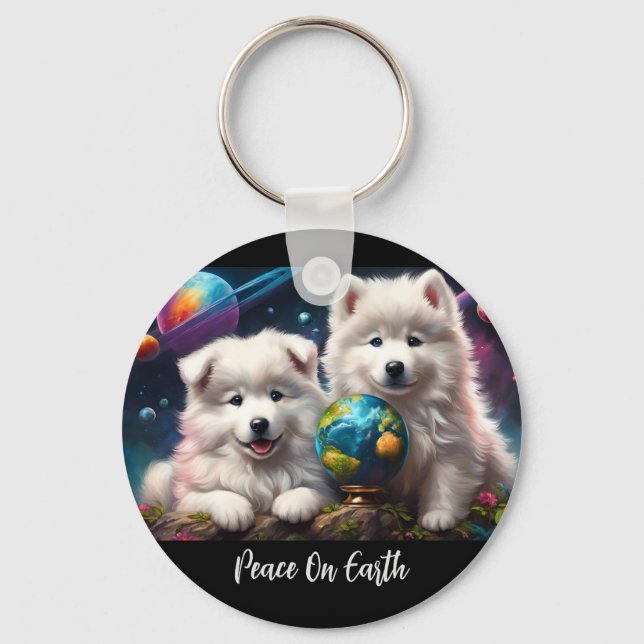 Adorable Fluffy Samoyed Welpen, Weltfrieden Schlüsselanhänger (Vorderseite)