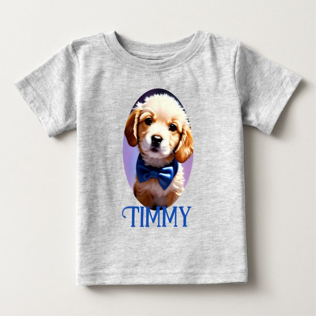 Adorable Fluffy Welpe w Niedlich Blue Bow Krawatte Baby T-shirt (Vorderseite)