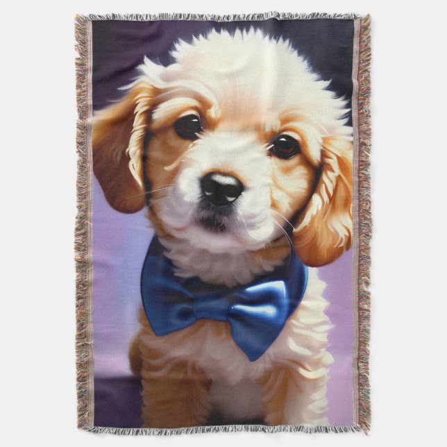 Adorable Fluffy Welpe w Niedlich Blue Bow Krawatte Decke (Vorderseite Vertikal)