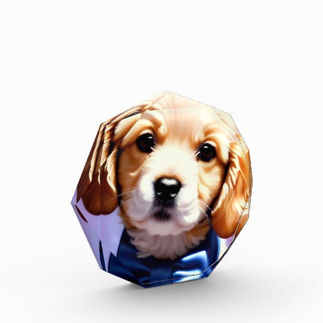 Adorable Fluffy Welpe w Niedlich Blue Bow Krawatte Fotoblock (Links)