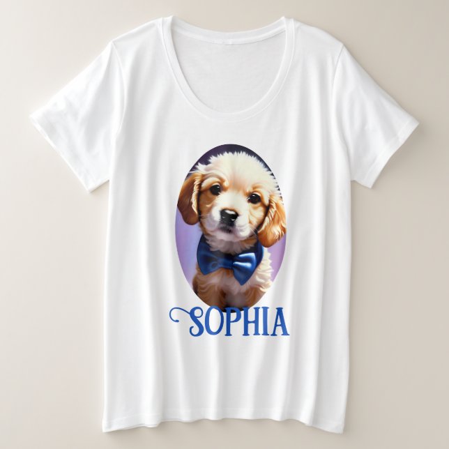 Adorable Fluffy Welpe w Niedlich Blue Bow Krawatte Große Größe T-Shirt (Design vorne)