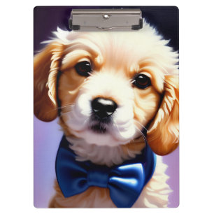 Adorable Fluffy Welpe w Niedlich Blue Bow Krawatte Klemmbrett