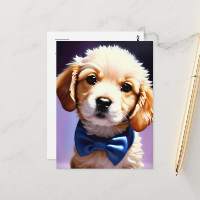 Adorable Fluffy Welpe w Niedlich Blue Bow Krawatte Postkarte (Vorderseite/Rückseite Beispiel)