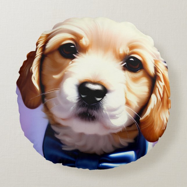 Adorable Fluffy Welpe w Niedlich Blue Bow Krawatte Rundes Kissen (Vorderseite)