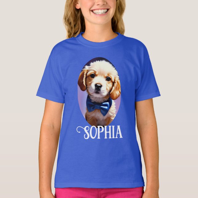 Adorable Fluffy Welpe w Niedlich Blue Bow Krawatte T-Shirt (Vorderseite)