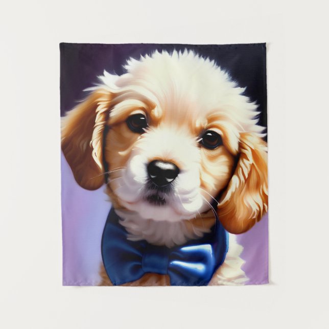 Adorable Fluffy Welpe w Niedlich Blue Bow Krawatte Wandteppich (Vorderseite)