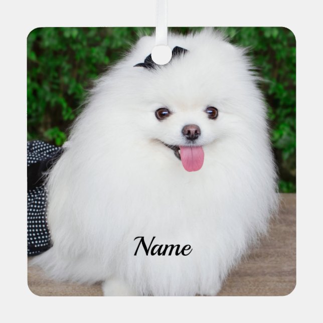 Adorable Fluffy White Puppy Dog Ornament Aus Metall (Vorderseite)