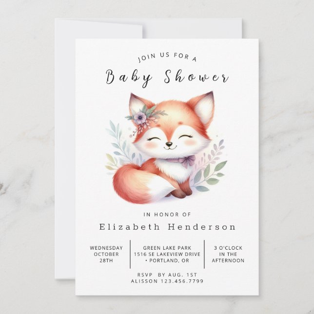 Adorable Forest Tale Fox Kinderdusche Einladung (Vorderseite)