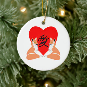 Adorable Fox Cartoon Liebe Herz Keramikornament