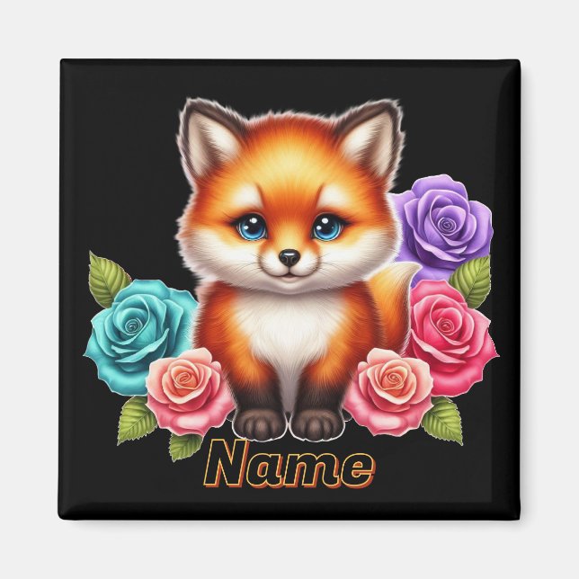 Adorable Fox Cube mit bunten Rose Magnet (Vorne)