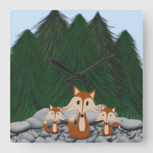 Adorable Fox Family Quadratische Wanduhr