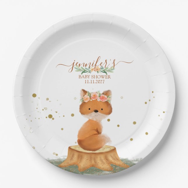 Adorable Fox Flower Crown Baby Shower Theme Pappteller (Vorderseite)