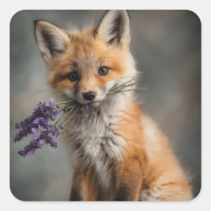 Adorable Fox Kit mit Lavendel-Blume Quadratischer Aufkleber