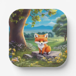 Adorable Fox sitzend unter Baum Pappteller