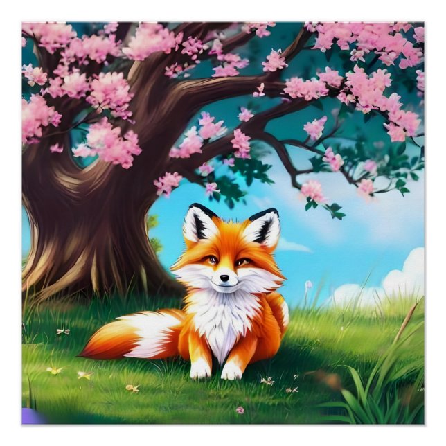 Adorable Fox sitzend unter Tree-68563 Poster (Vorderseite)