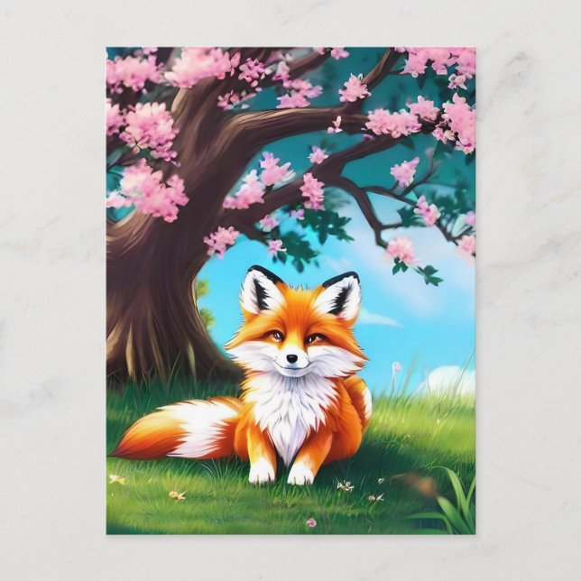 Adorable Fox sitzend unter Tree-68563 Postkarte (Vorderseite)