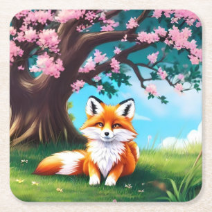 Adorable Fox sitzend unter Tree-68563 Rechteckiger Pappuntersetzer