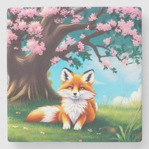 Adorable Fox sitzend unter Tree-68563 Steinuntersetzer