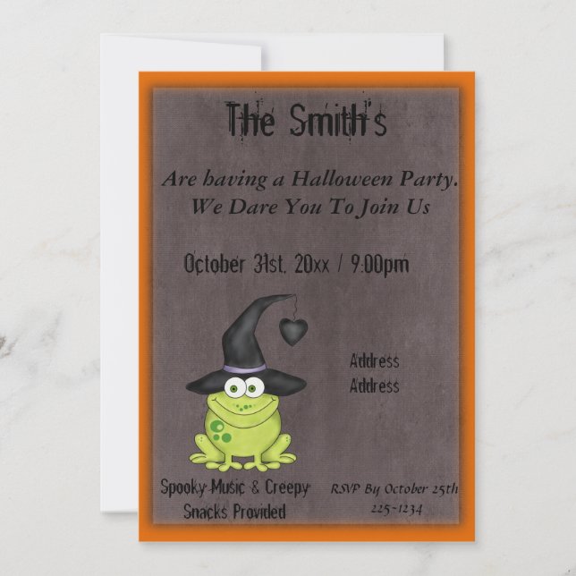 Adorable Frosch in einem Hexenhutt-Halloween-Party Einladung (Vorderseite)