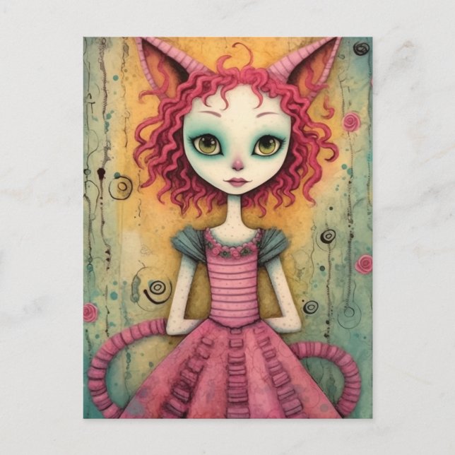 Adorable Furry Cat Lady Mixed Media Collage Postkarte (Vorderseite)