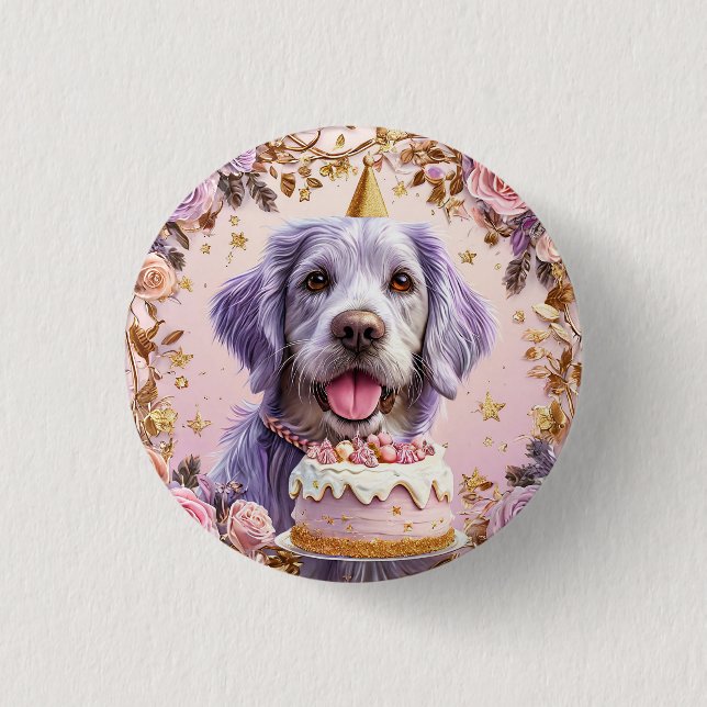 Adorable Geburtstagshündin mit Cake Celebrating Button (Vorderseite)