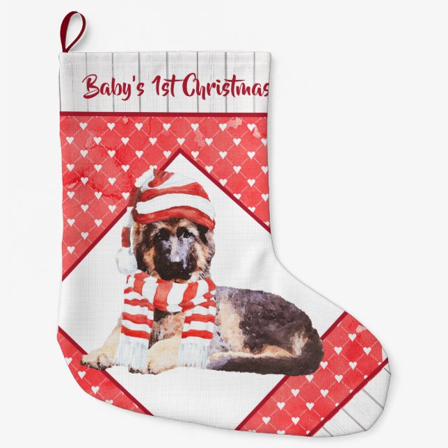 Adorable German Shepherd Puppy's First Christmas Großer Weihnachtsstrumpf (Vorderseite)