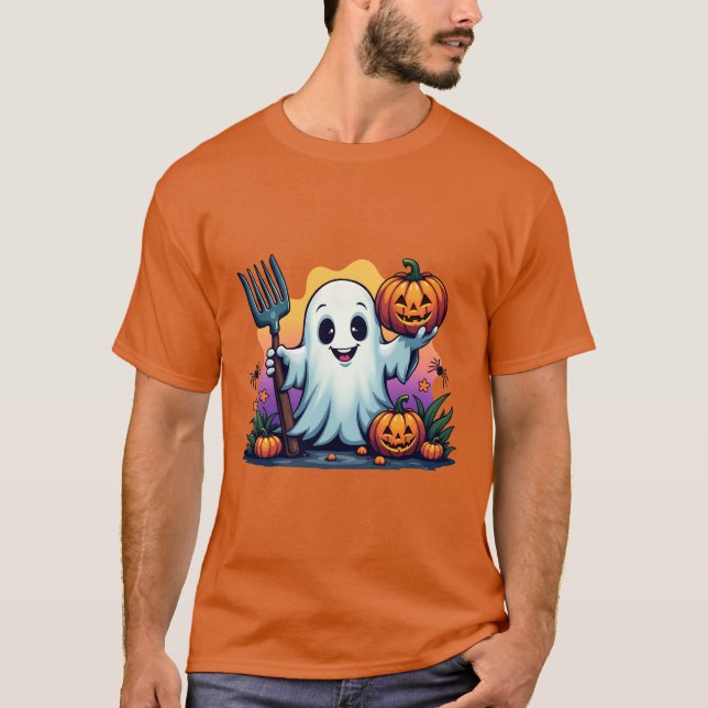Adorable Ghost mit Pitchfork und Pumpkins Hallowag T-Shirt (Vorderseite)