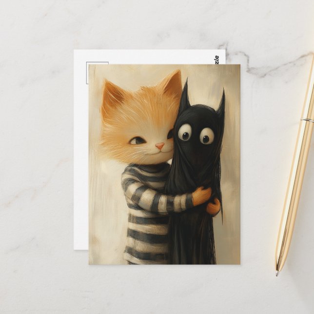 Adorable ginger cat and a black kitty ghost postkarte (Vorderseite/Rückseite Beispiel)