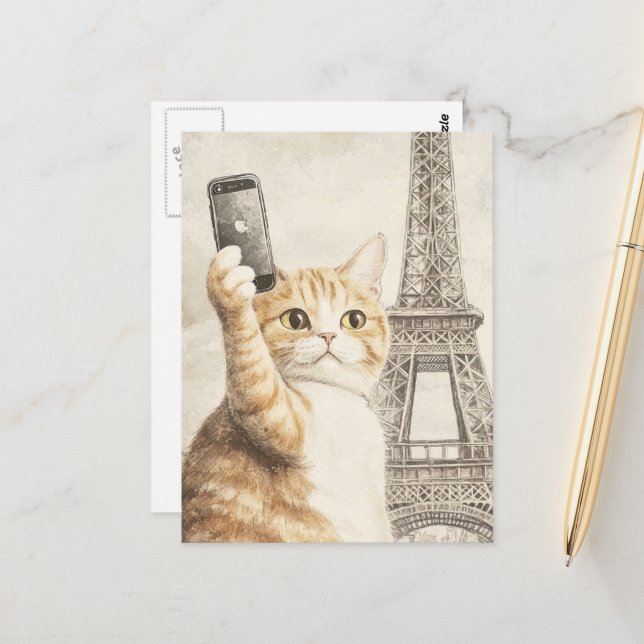 Adorable Ginger Cat Eine Selfie in Paris Postkarte (Vorderseite/Rückseite Beispiel)