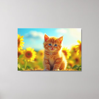 Adorable Ginger Kitten im Feld der Sonnenblumen Leinwanddruck