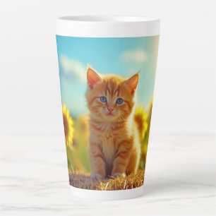 Adorable Ginger Kitten im Feld der Sonnenblumen Milchtasse