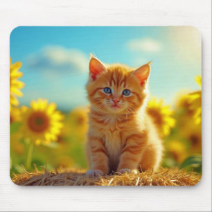 Adorable Ginger Kitten im Feld der Sonnenblumen Mousepad
