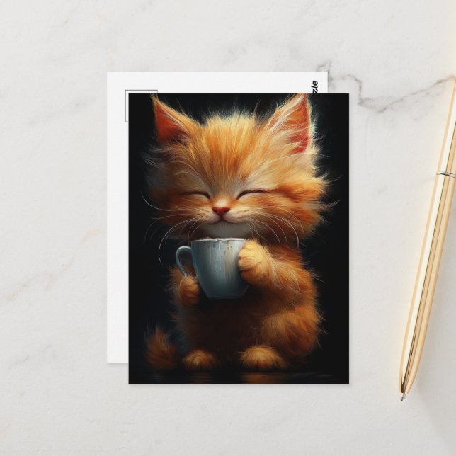 Adorable Ginger Kitty mit Kaffee Postkarte (Vorderseite/Rückseite Beispiel)