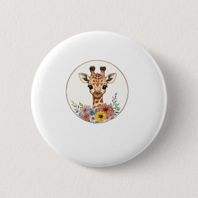 Adorable Giraffe mit Blume Button (Vorderseite)