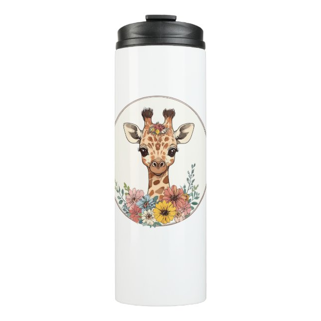 Adorable Giraffe mit Blume Thermosbecher (Vorderseite)