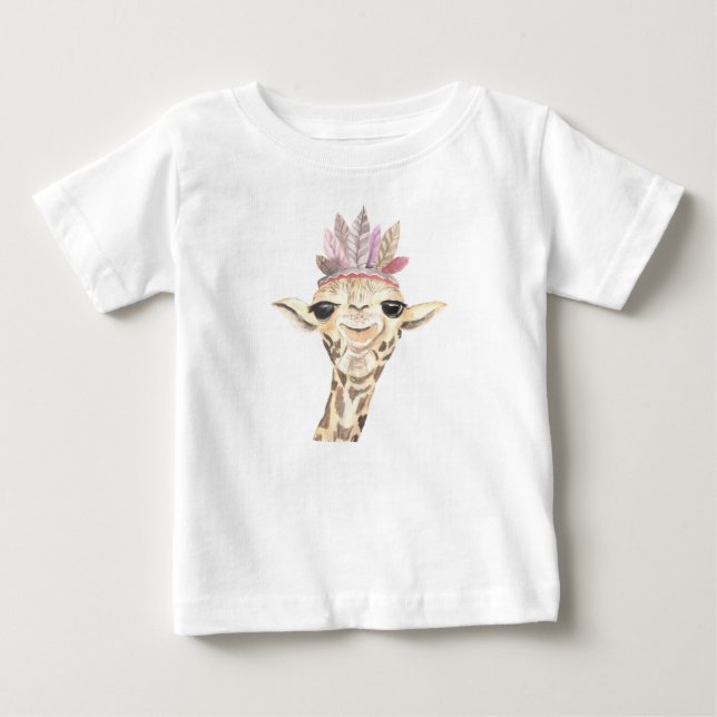 ADORABLE GIRAFFE MIT PINK & TAN FEATHERS BABY T-SHIRT (Vorderseite)