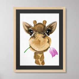 Adorable Giraffe mit rosa Tulpe, weißem Hintergrun Poster