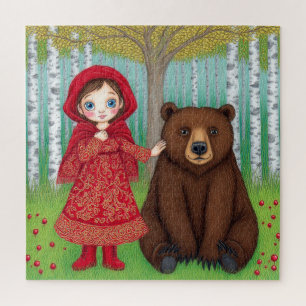 Adorable Girl and Bär in Whimsical Forest