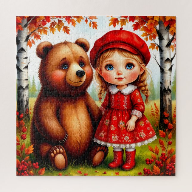 Adorable Girl and Bär in Whimsical Forest (Vertikal)