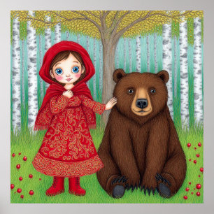 Adorable Girl and Bär in Whimsical Forest Poster