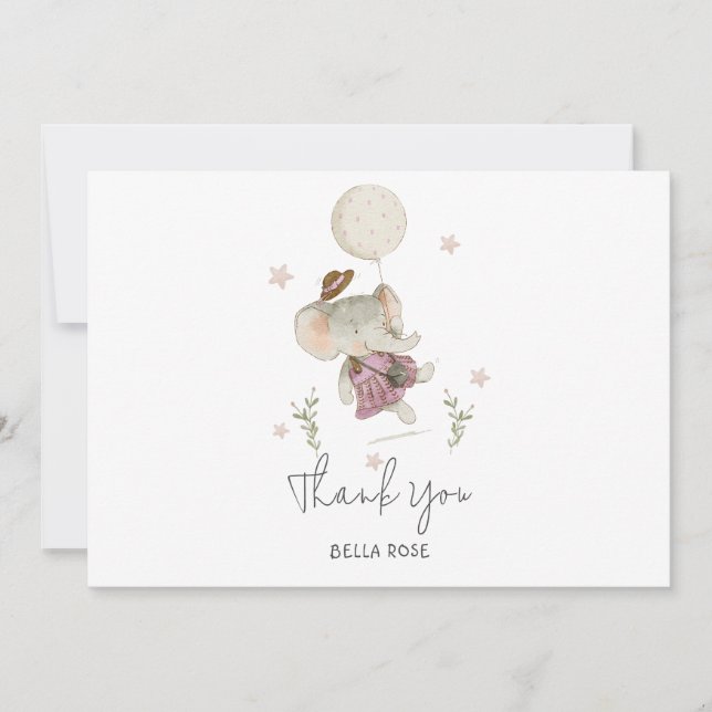 Adorable Girl Elephant Botanical Boho Baby Shower Dankeskarte (Vorderseite)