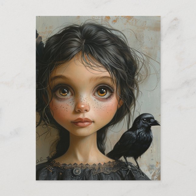 Adorable Girl und ihr Pet Black Bird Postkarte (Vorderseite)