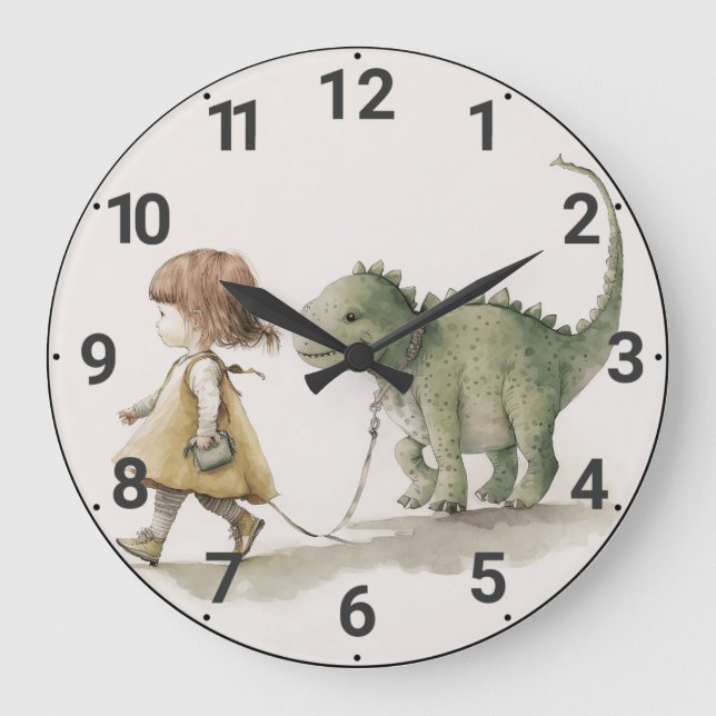 Adorable Girl Walking Dinosaurieruhr Große Wanduhr (Vorderseite)