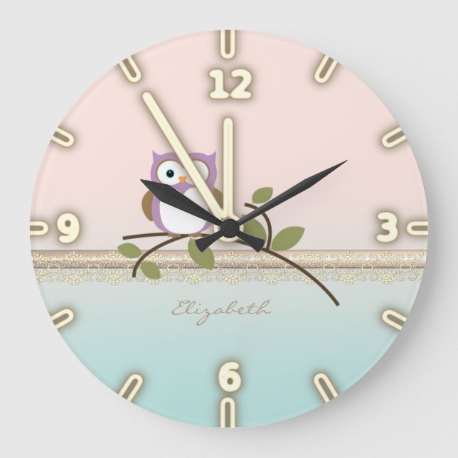 Adorable Girly Cute Owl,Personalized Große Wanduhr (Vorderseite)