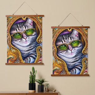 Adorable Gläser mit Hipster Cat Wandteppich Mit Holzrahmen