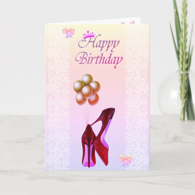 Adorable Glitzer High Heels, Tiara, Lace, Balloons Karte (Vorderseite)