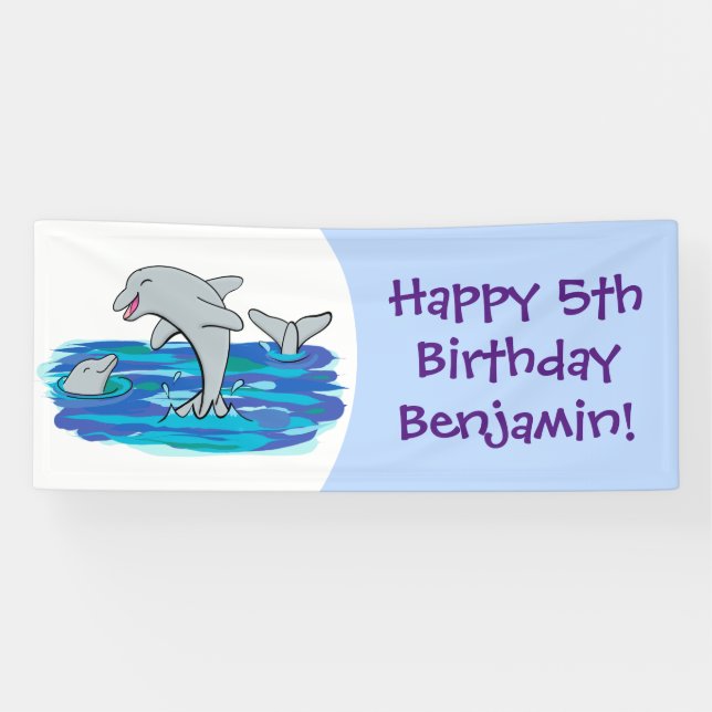 Adorable glückliche Delfine personalisiert Geburts Banner (Horizontal)