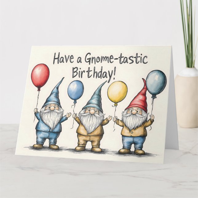 Adorable Gnome Birthday Illustration mit Balloons Karte (Vorderseite)