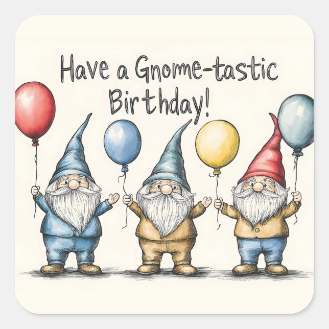 Adorable Gnome Birthday Illustration mit Balloons Quadratischer Aufkleber (Vorderseite)